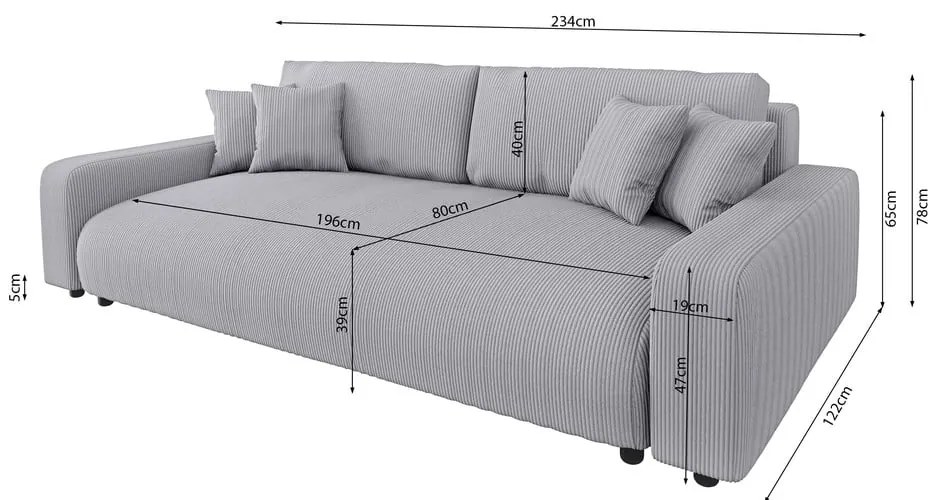 Canapea gri deschis extensibilă, cu spațiu de depozitare, cu tapițerie din catifea reiată 234 cm Sara – Ropez