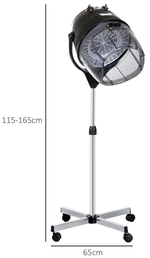 HOMCOM Cască de Uscat Părul cu Înălțime Reglabilă, Cască pentru Păr cu Timer și Roți Pivotante, 65x65x115-165 cm, Negru | Aosom Romania