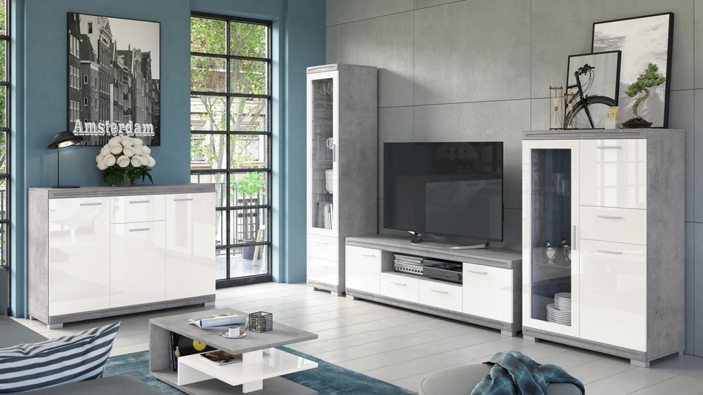 Mazzoni Comodă TV SIMPLE D2SZ2 Beton Millennium/Alb Luciu - MĂSUȚĂ COMODĂ PENTRU LIVING CU LUCIU MARE