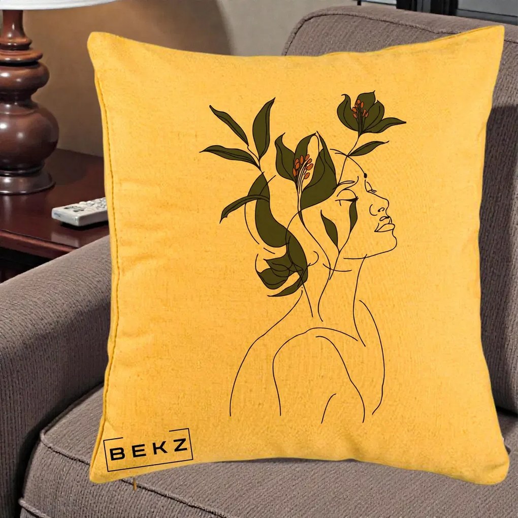 Perna Decorativa Portret Feminin Crin Verde, 40x40 cm, Galben, Husa Detasabila, Perna Inclusa, BEKZ®