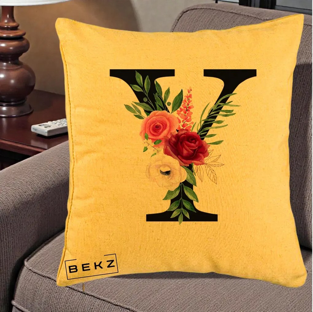 Cadou Personalizat - Perna Personalizata Monograma Florala Litera Y cu Buchet, 40x40 cm, Galben, Husa Detasabila, Perna Inclusa, BEKZ®