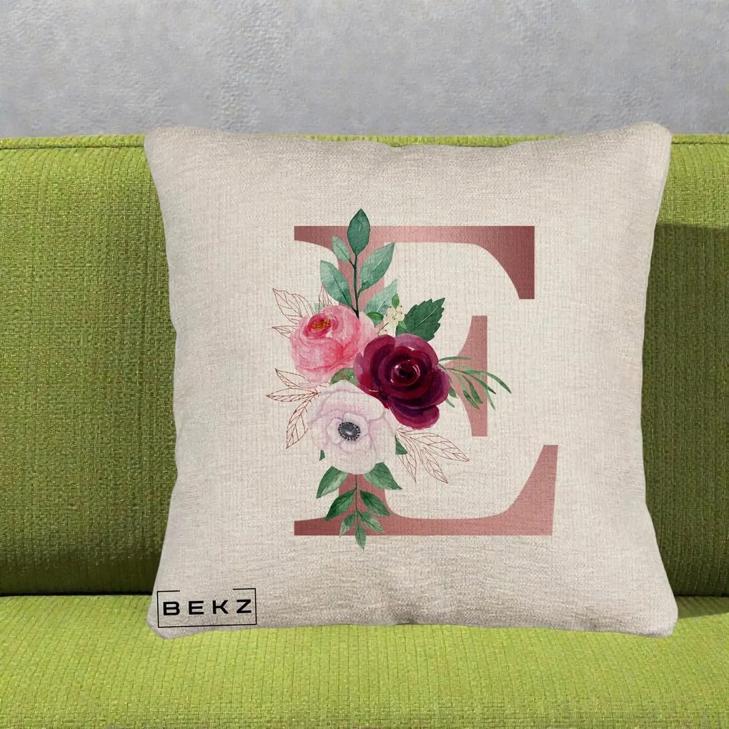 Cadou Personalizat - Perna Personalizata Monograma Rose Gold Litera E, 40x40 cm, Bej Canapea, Husa Detasabila, Perna Inclusa, BEKZ®