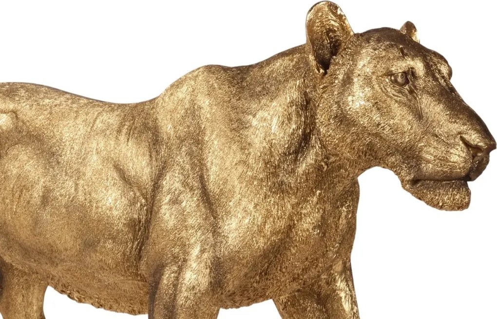 Statuetă decorativă din polirășină, auriu, leoaică în mers, finisaj lucios, 56 x 124 x 30 cm, „Sahel”