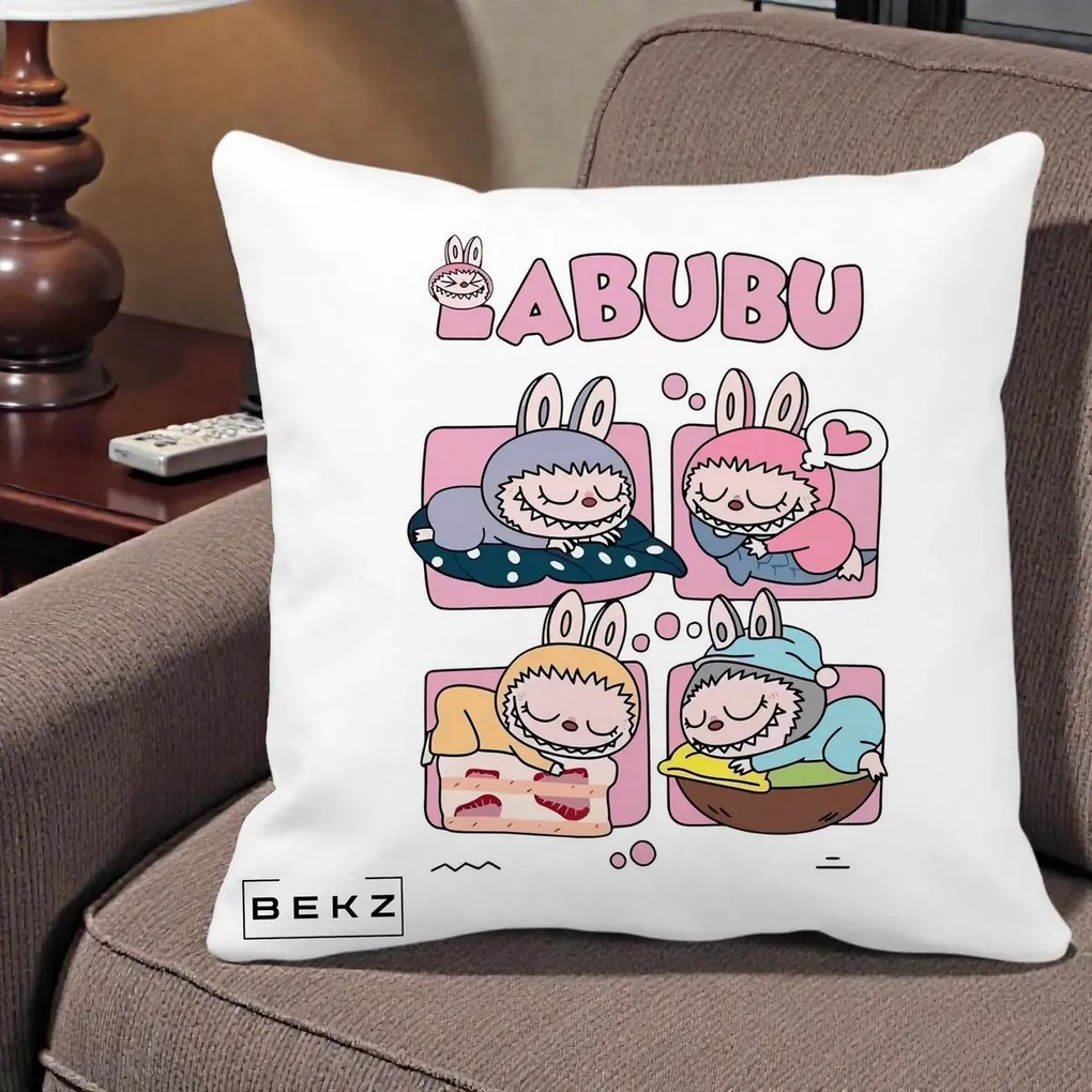 Perna Personalizata Labubu Sleeping Quad Grid, 40x40 cm, Alba Mata, Husa Detasabila, Perna Inclusa, BEKZ®