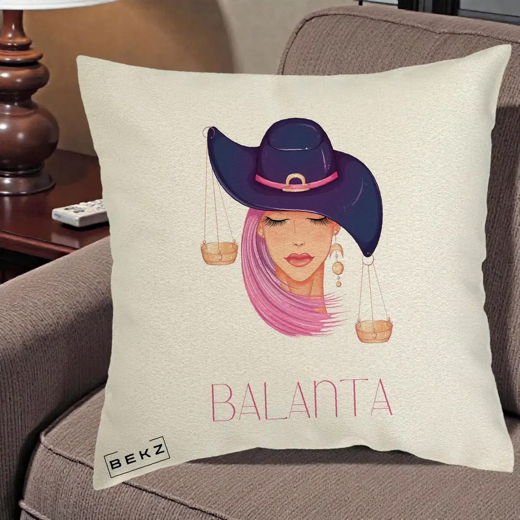 Perna Personalizata Zodiac Balanta Cowgirl, 40x40 cm, Ecru, Husa Detasabila, Perna Inclusa, BEKZ®