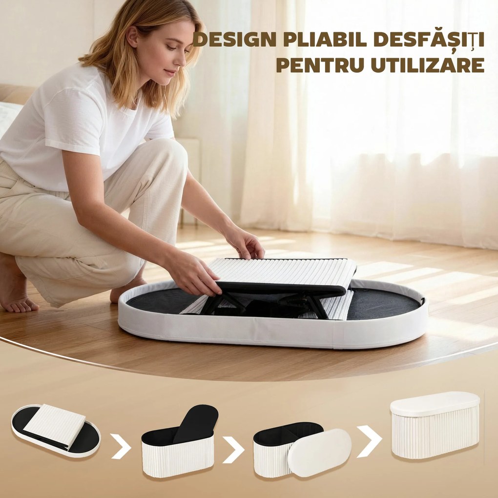 HOMCOM Taburet cu Spațiu de Depozitare Pliabil, Bancă Modernă Tapițată cu Material Catifea, Suport pentru Picioare cu Compartiment de 72L pentru Living și Dormitor, 76x38x35 cm, Crem | Aosom Romania