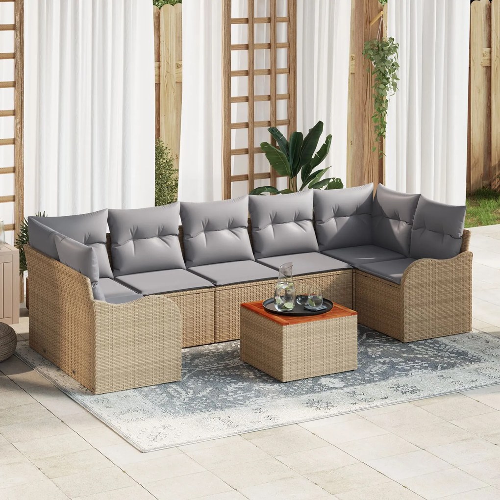 vidaXL Set Canapea de Grădină 8 pcs Bej, gri deschis Mare Rattan, Lemn