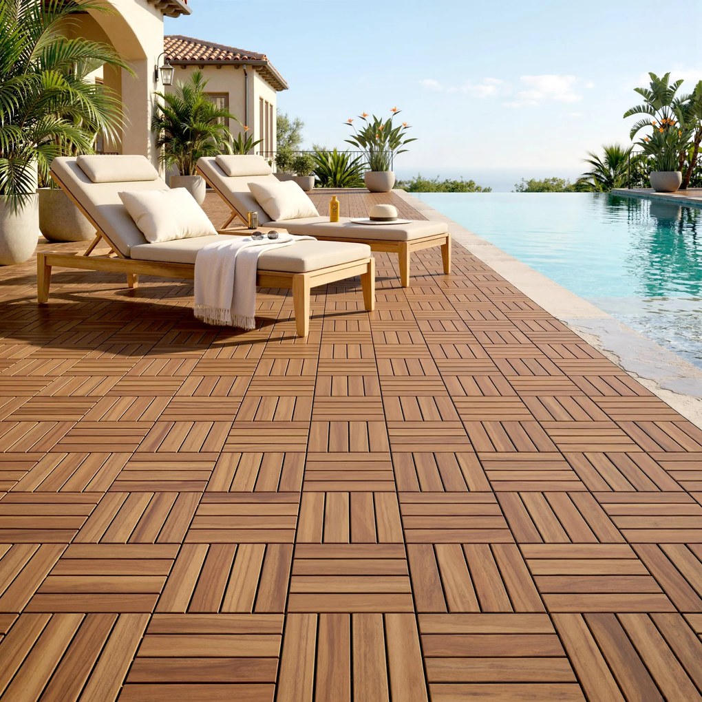 Outsunny Set de 10 bucăți Plăci exterioare din lemn 31x31 cm 0,91 m² Pardoseală grădină exterioară Antiderapante Maro închis | Aosom Romania