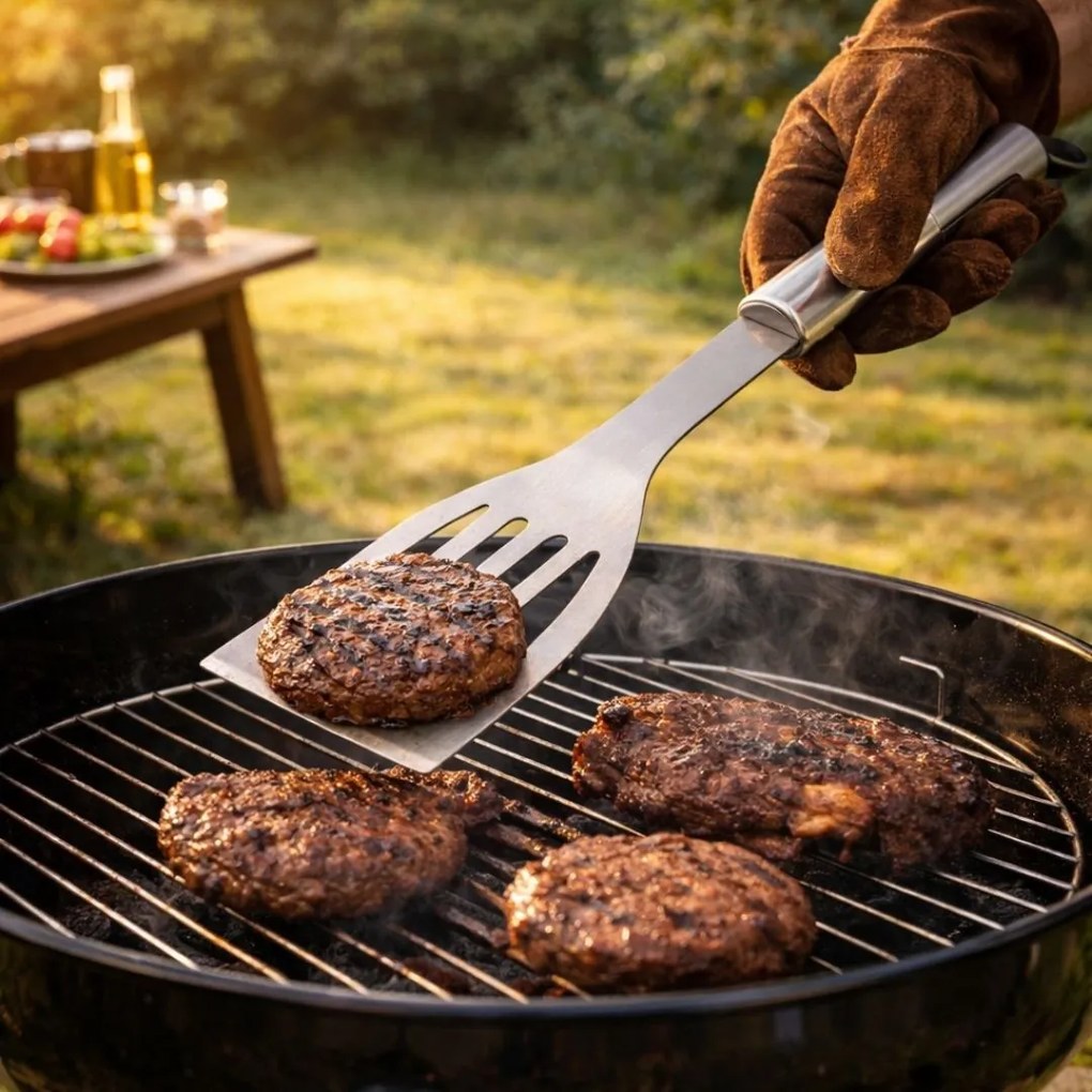 Spatulă grătar inox 43 cm, BBQ, cu fante, mâner ergonomic, rezistentă la temperaturi ridicate