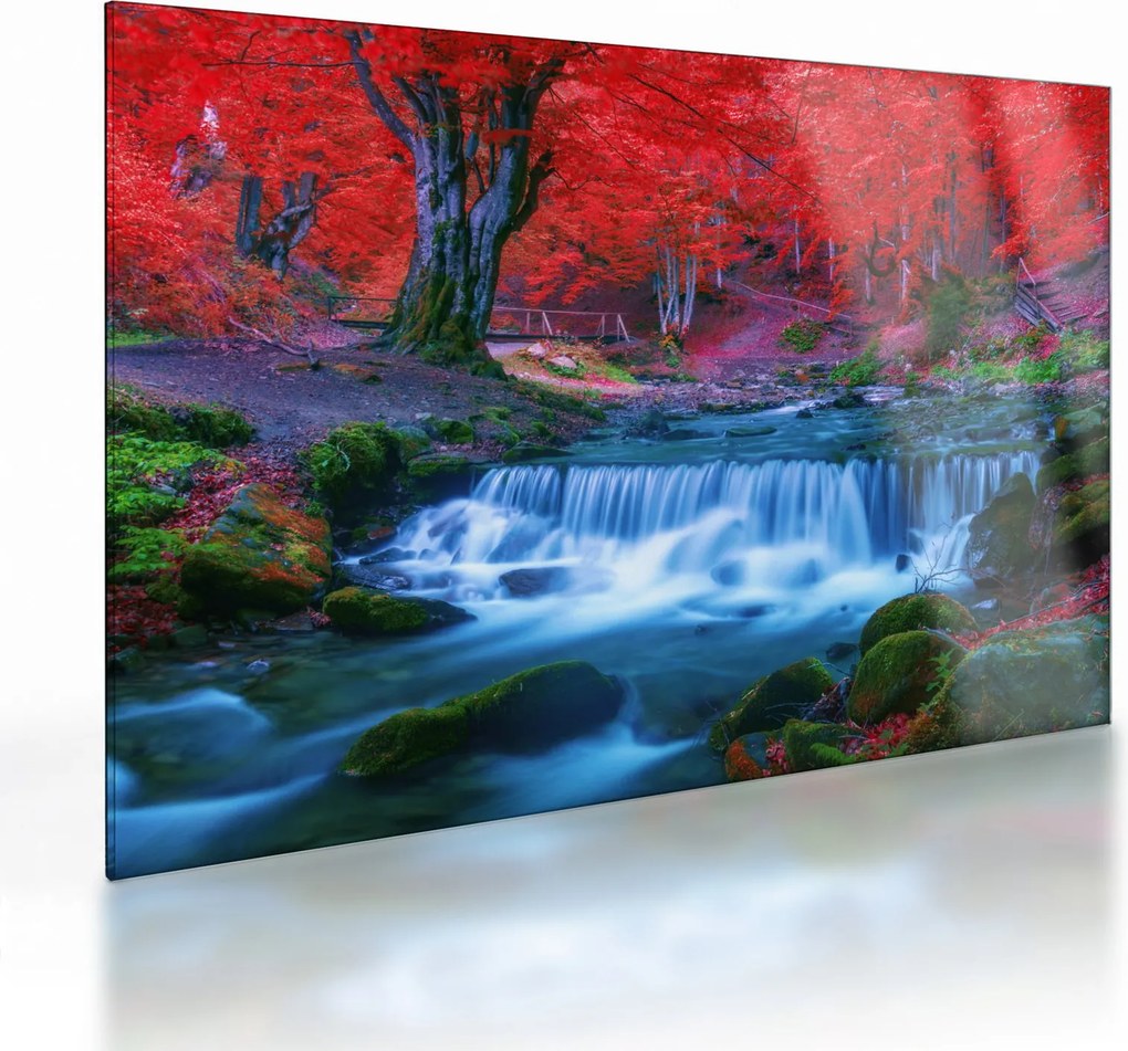 Tablou pe sticlă - Cascada în pădurea roșie (70x50 cm)