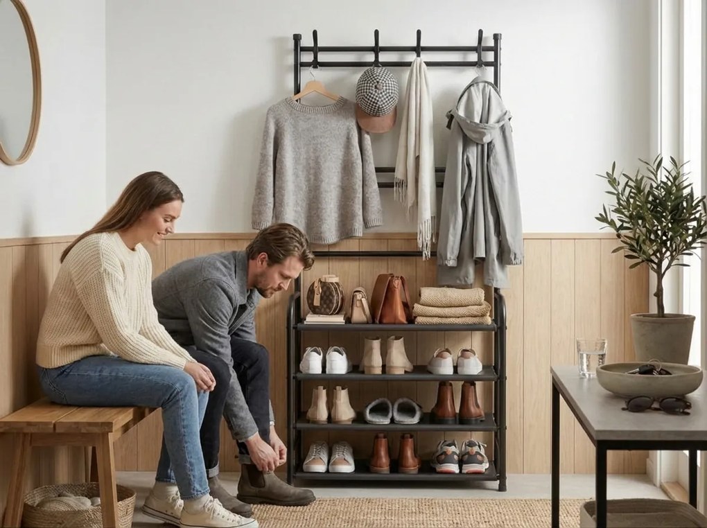 Cuier cu suport pentru pantofi CLOTHORY 80x152 cm, negru