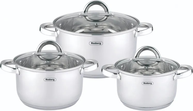 Set de oale Rosberg R51210L6C, 6 buc., Scala de masurare, Capace din sticla, Otel inoxidabil, Inductie, Argintiu