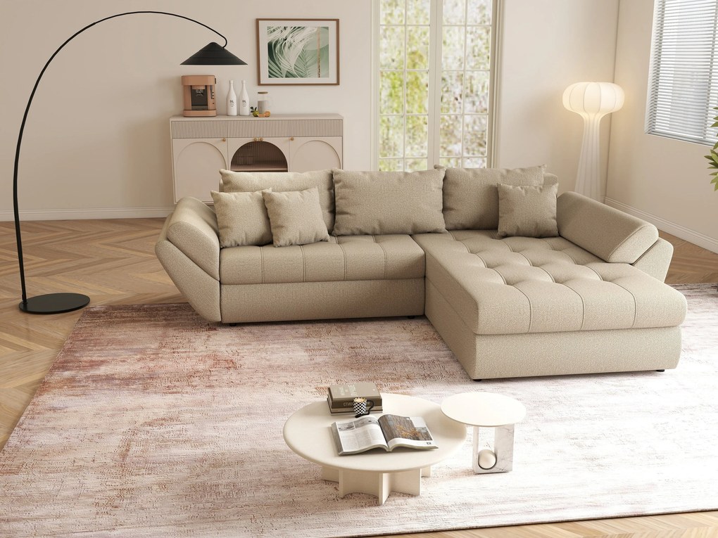 Colțar extensibil dumonde cu ladă de depozitare si sezut confortabil din spuma high-density, Loana Enjoy Camel II 270x185 cm