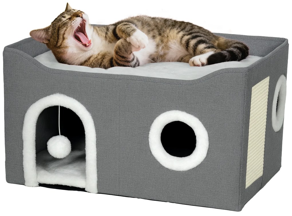 PawHut Casă pliabilă pentru pisici cu zgârietor și pernă reversibilă, 60x40x34 cm, gri | Aosom Romania