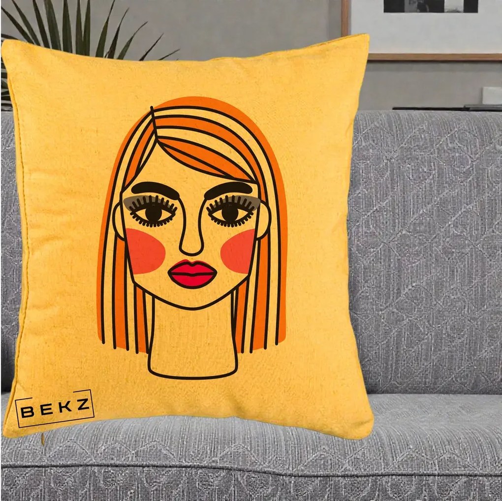 Perna Decorativa Portret Pop Art Fata, 40x40 cm, Galben, Husa Detasabila, Perna Inclusa, BEKZ®