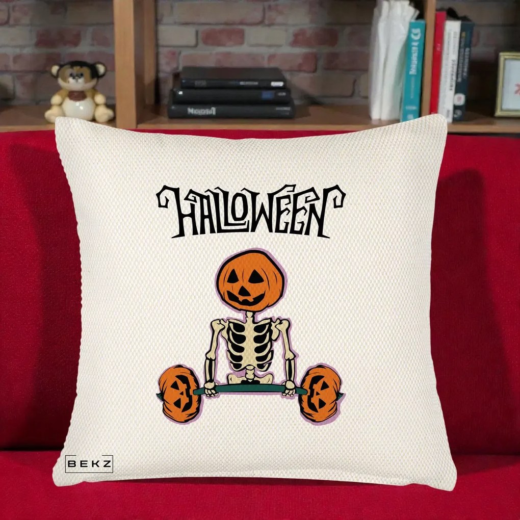 Perna Decorativa Halloween Schelet cu Cap de Dovleac Powerlifting, 40x40 cm, Crem Reliefat, Husa Detasabila, Perna Inclusa, BEKZ®