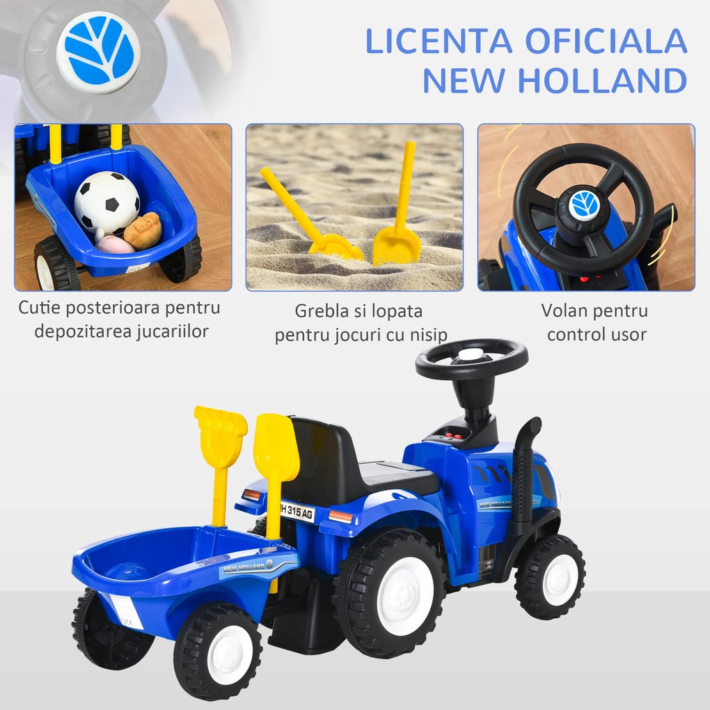 Tractor pentru Copii cu Remorca, Grebla si Lopata, 12-36 Luni, 91x29x44cm, Albastru inchis HOMCOM | Aosom Romania