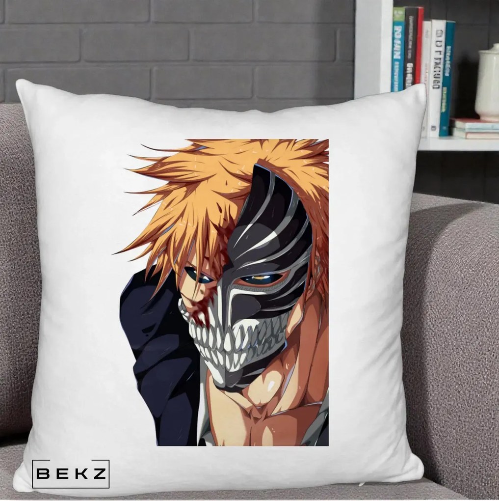 Perna Personalizata Bleach Ichigo Masca Hollow, 40x40 cm, Alb Pufos, Husa Detasabila, Perna Inclusa, BEKZ®