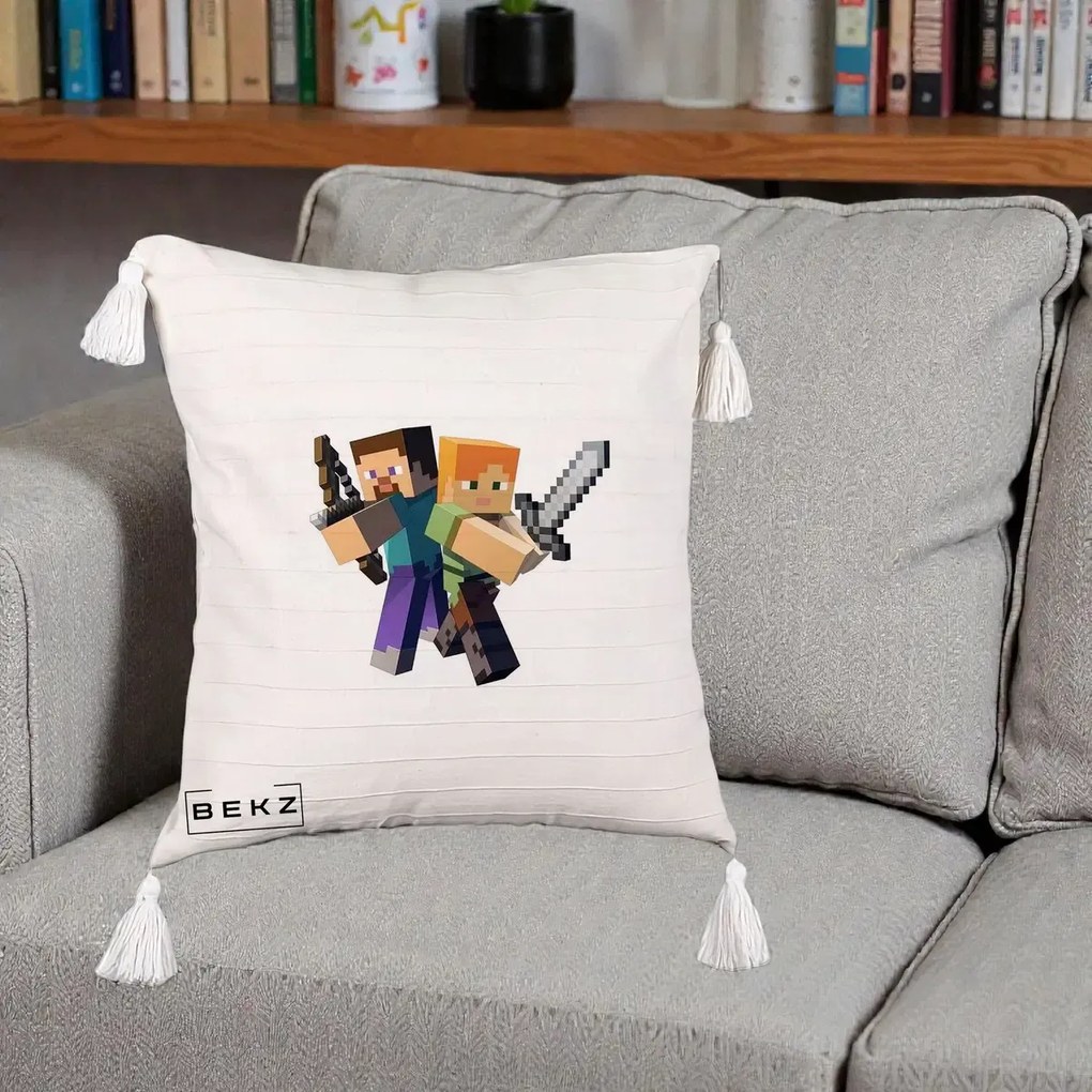 Perna Personalizata Minecraft Steve si Alex, 40x40 cm, Bej cu Franjuri, Husa Detasabila, Perna Inclusa, BEKZ®