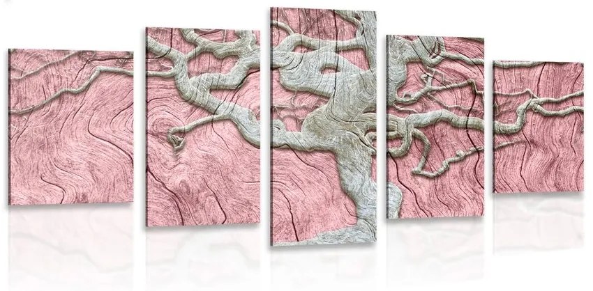 Tablou 5-piese copacul abstract pe lemn cu contrast roz