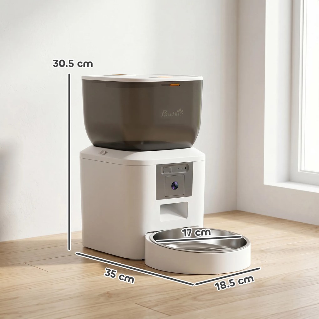 PawHut Distribuitor Automat de Hrană pentru Pisici și Câini 4L, WiFi 2,4G, Control din Aplicație cu Cameră, Bol, Alb | Aosom Romania