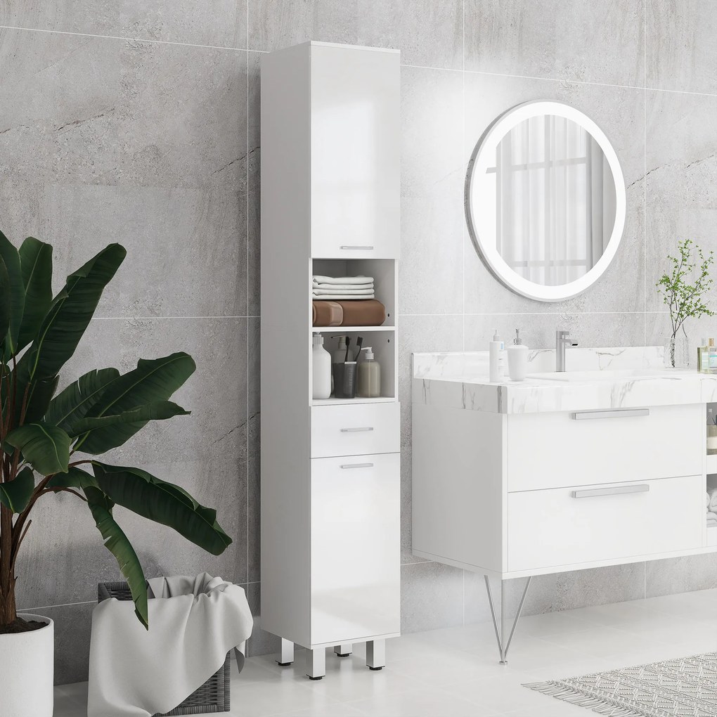 kleankin Mobilier pentru Baie cu 1 Sertar 3 Rafturi Ajustabile și 2 Dulapuri, 30x30x180 cm, Alb Lucios | Aosom Romania