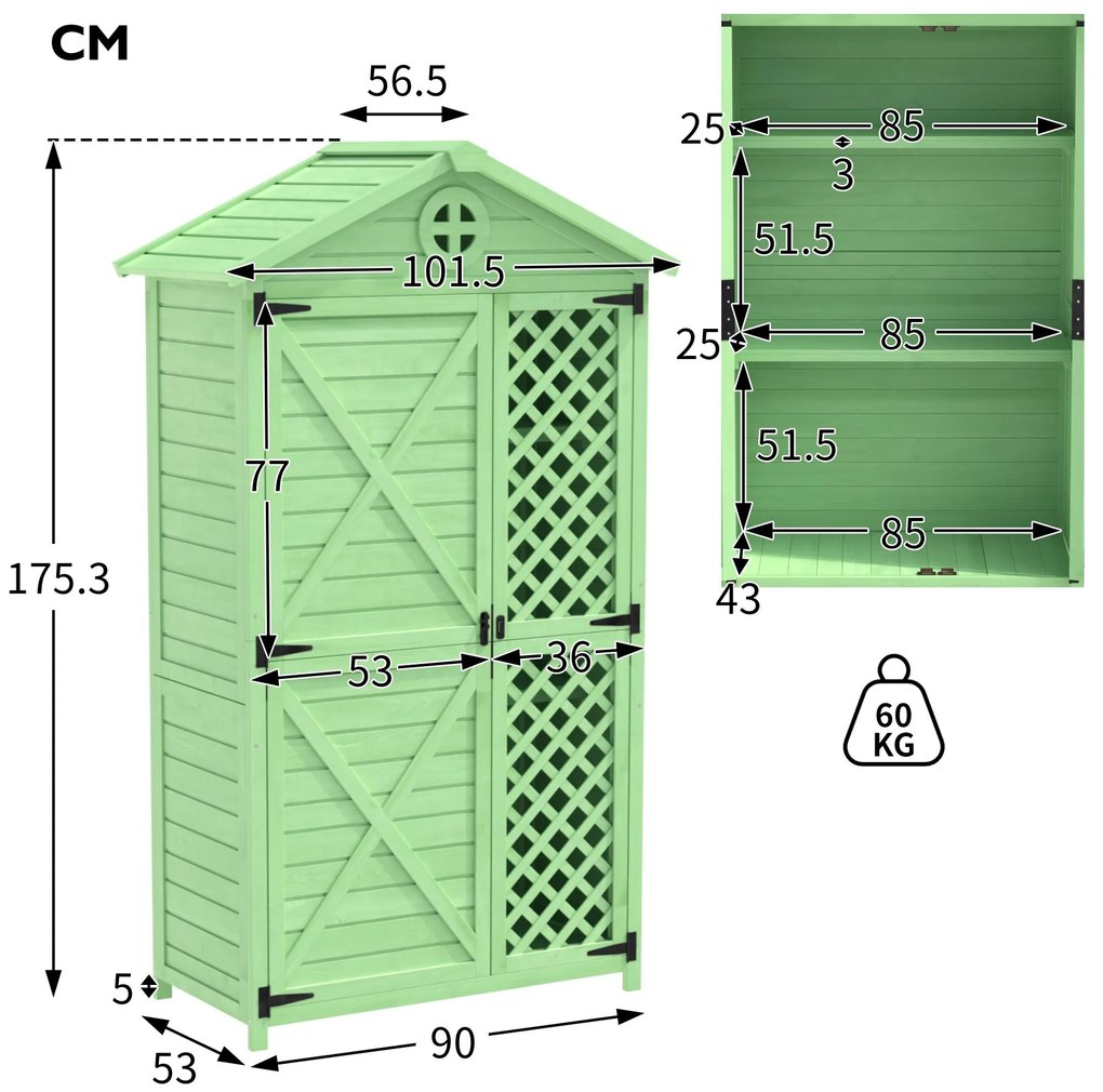 Depozit de mobilier de grădină din lemn pentru exterior, magazie de unelte rezistentă la intemperii, cu mult spațiu de depozitare și construcție din lemn stabilă, 90×56,5×175,3 cm, Verde