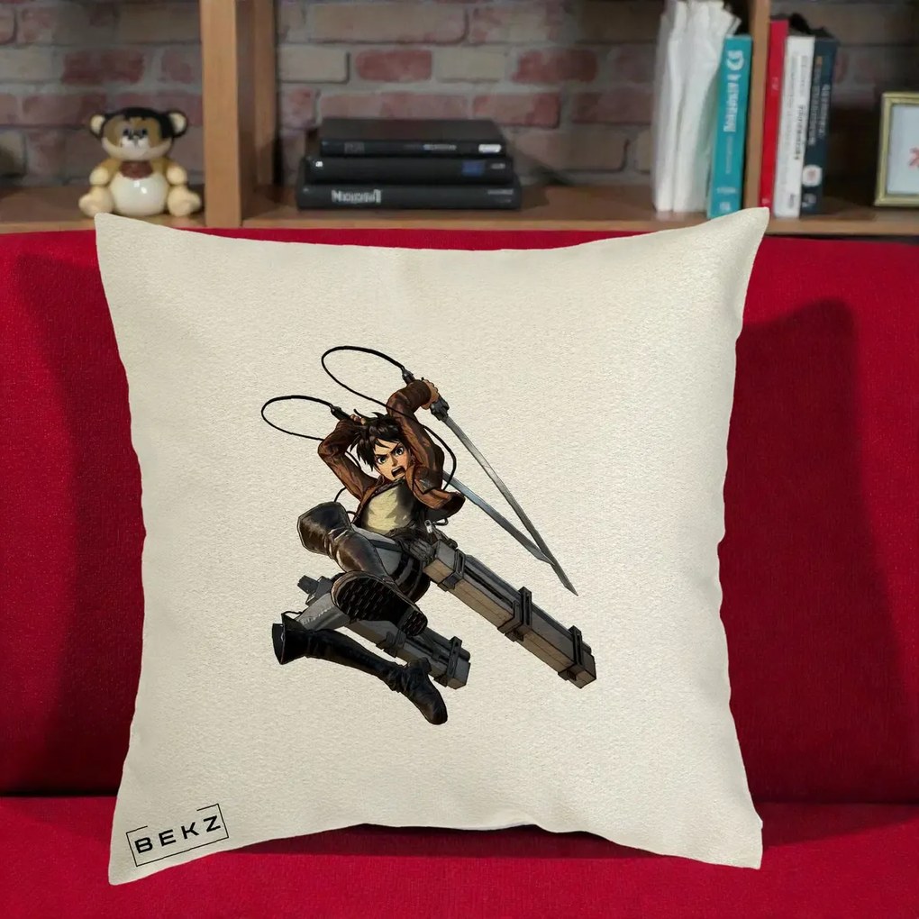 Perna Personalizata Attack on Titan Eren Yeager Lupta, 40x40 cm, Ecru, Husa Detasabila, Perna Inclusa, BEKZ®