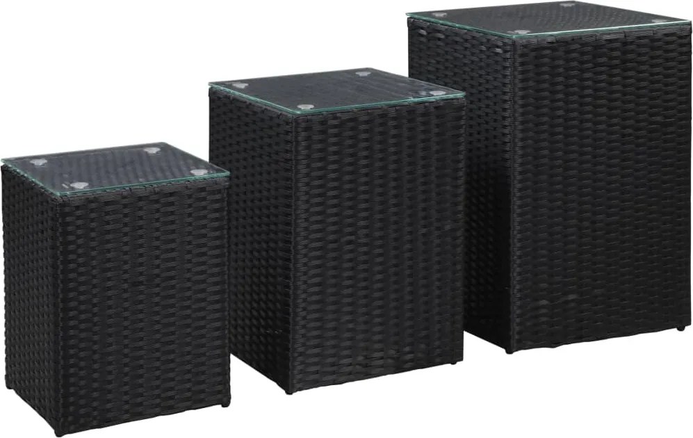 vidaXL Mese laterale cu blat de sticlă, 3 buc., negru, poliratan