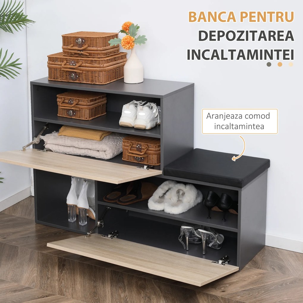 HOMCOM Organizator pentru Hol cu Bancă pentru Pantofi și Cuier, Design Modern cu Suport pentru Haine și Raft, Gri și Natural | Aosom Romania