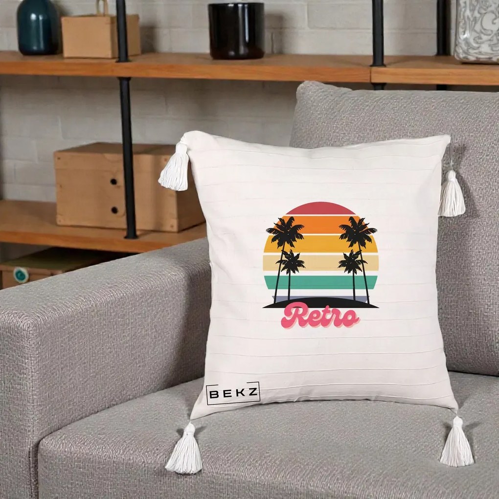 Perna Decorativa Retro Sunset Palmieri, 40x40 cm, Bej cu Franjuri, Husa Detasabila, Perna Inclusa, BEKZ®