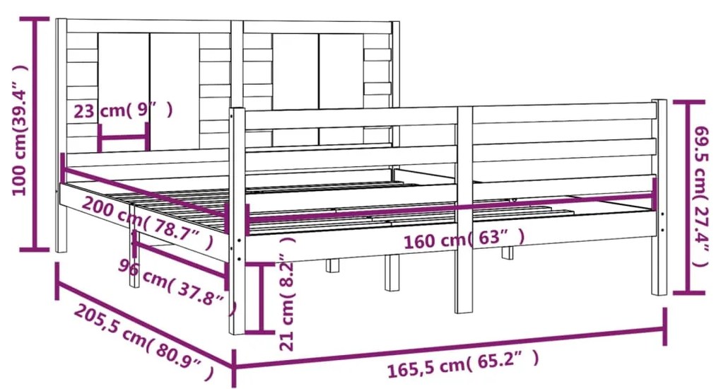 Cadru de pat, gri, 160x200 cm, lemn masiv de pin Gri, 160 x 200 cm