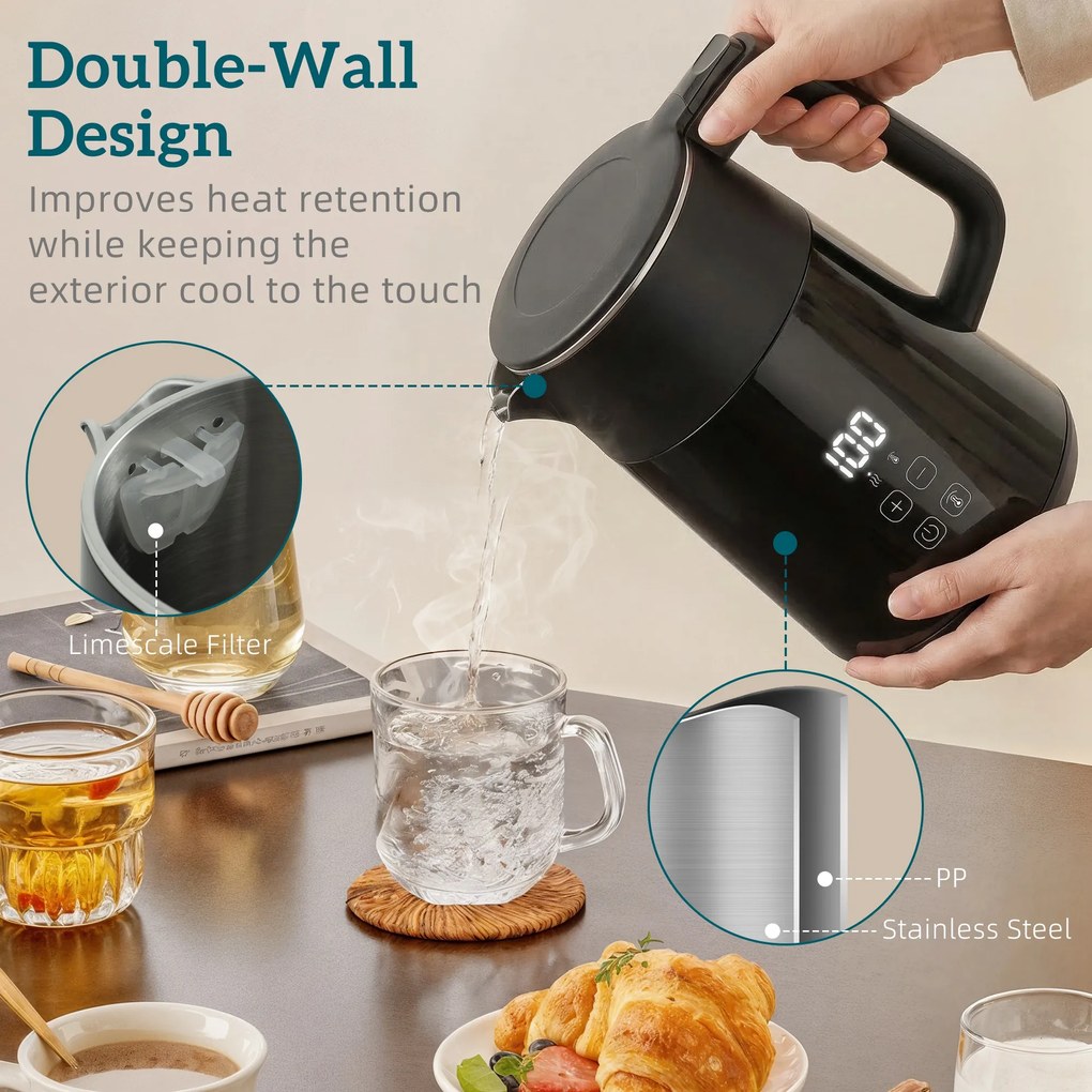 HOMCOM Fierbător electric, 1,7L, Încălzire rapidă, 3000W, cu afișaj LED, funcție de menținere la cald, protecție la funcționare în gol, fără PTFE | Aosom Romania