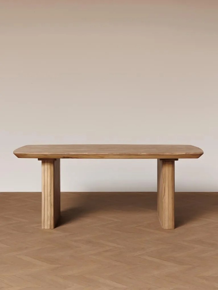 Masă dining cu blat herringbone, dreptunghiulară, din lemn de mango, natur, 8 locuri, cu picioare din lamele verticale, 77 x 190 x 95 cm, „Demira”