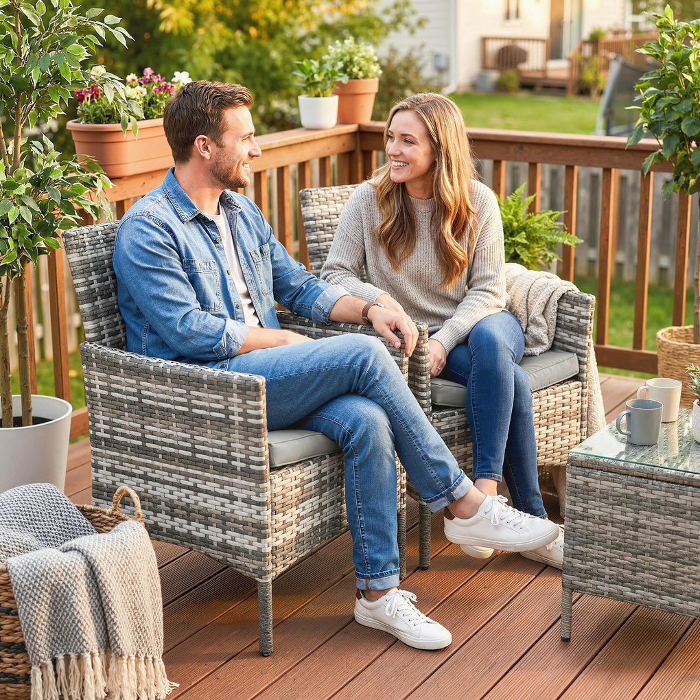 Outsunny Set de 2 Scaune de Grădină din Ratan, Scaune de Exterior cu Perne, Cotiere și Spătar Înalt, Cadru din Oțel pentru Verandă, Balcon, Lângă Piscină și Grădină, Gri | Aosom Romania