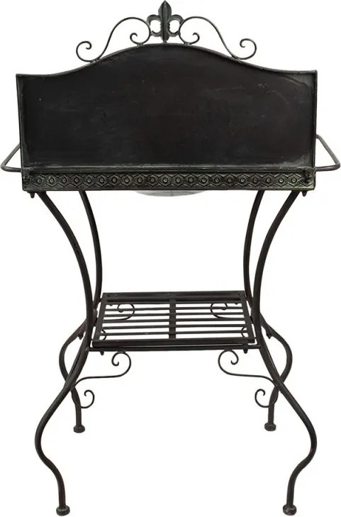 Masă consolă vintage din metal, maro, cu lighean alb, raft, bare laterale și creastă cu floare de crin, 114 x 72 x 48 cm, „Lavandiere”