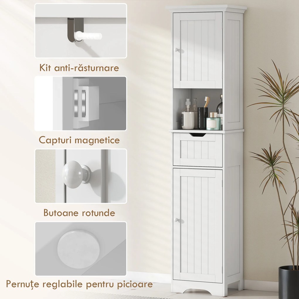 HOMCOM Coloană de Baie cu Iluminare LED, Dulap Îngust de Depozitare, Sertar și 2 Uși, 40x30x170 cm, Alb | Aosom Romania