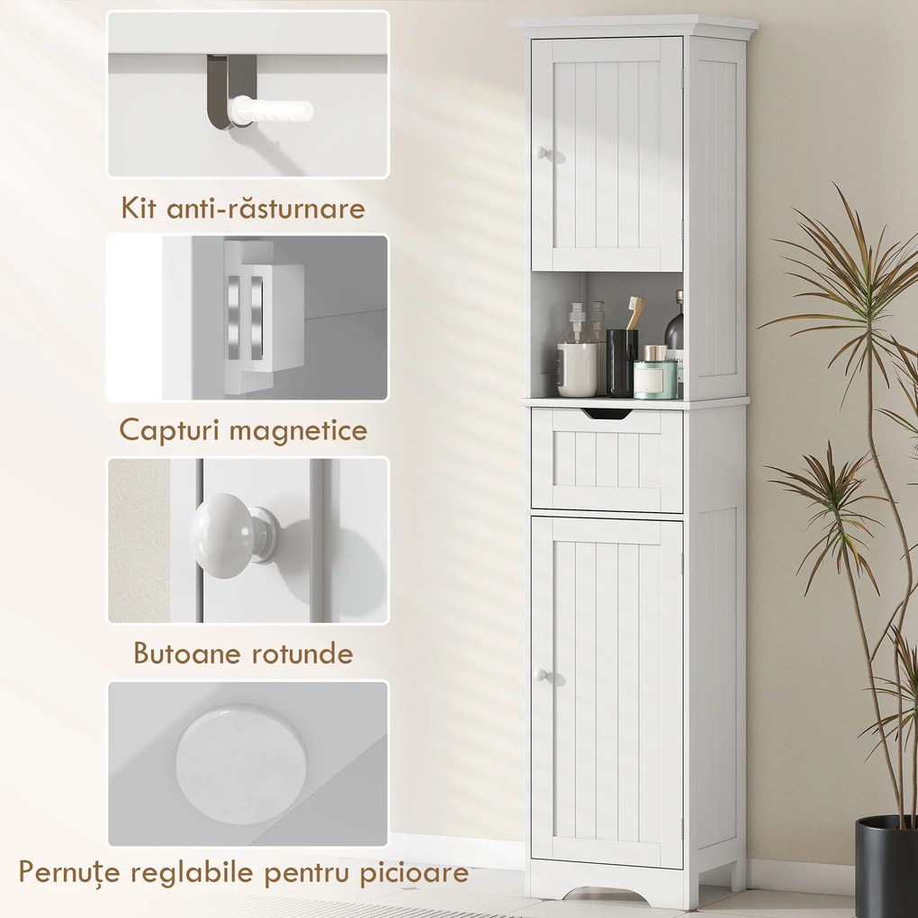 HOMCOM Dulap Vertical pentru Baie Slim cu 2 Dulapuri cu Uși, LED cu Senzor, Economisitor de Spațiu, Raft Deschis, Sertar, Picioare Reglabile, Modern, 40x30x170 cm, Alb | Aosom Romania