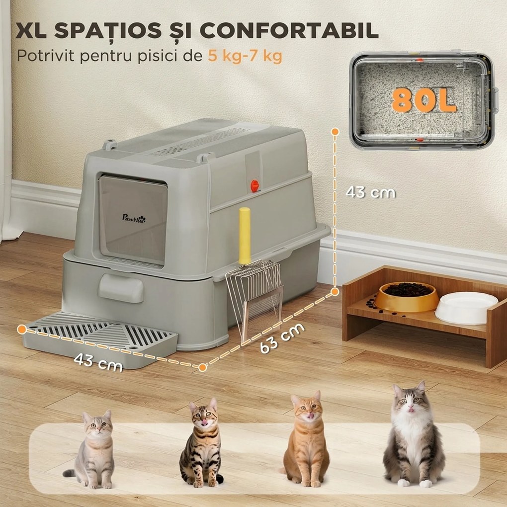 PawHut Litieră închisă pentru pisici de 80L cu tavă detașabilă, din ABS și oțel inoxidabil, 63x43x43 cm, gri deschis | Aosom Romania