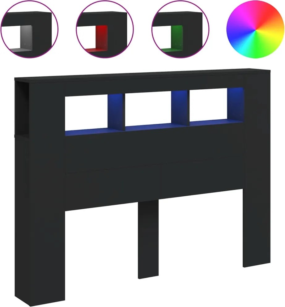 vidaXL Tăblie de pat cu LED, negru, 140x18,5x103,5 cm, lemn