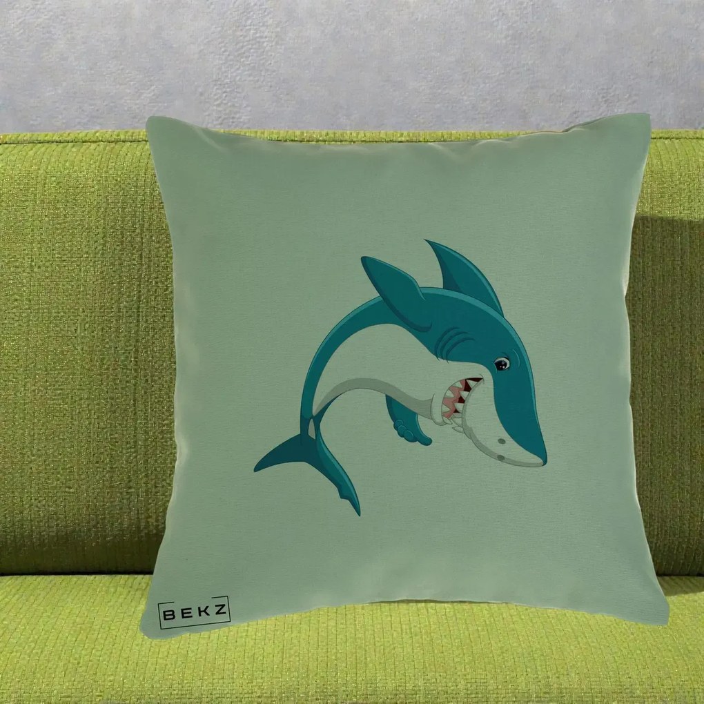 Perna Decorativa Rechin Albastru Cartoon, 40x40 cm, Verde, Husa Detasabila, Perna Inclusa, BEKZ®