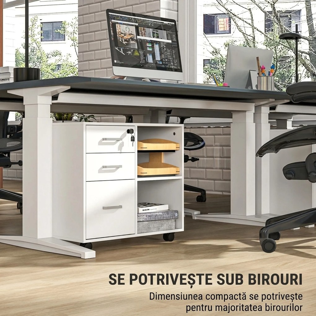 HOMCOM Dulap Birou, 3 Sertare cu Încuietoare și Chei, 60x40x56 cm, cu roti, Alb | Aosom Romania
