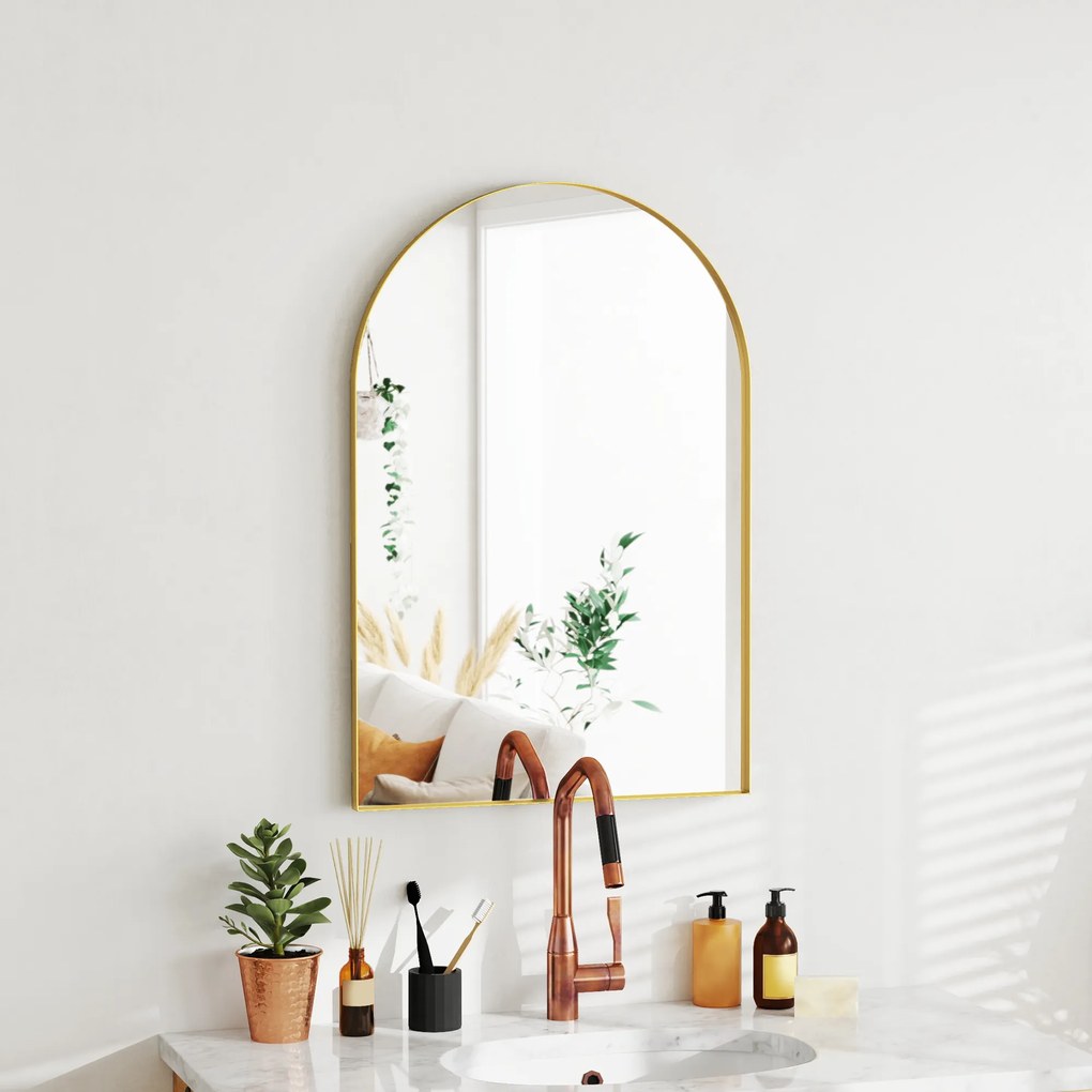 HOMCOM Oglindă murală arcuită oglindă de baie cu cadru din aliaj de aluminiu pentru dormitor living intrare 60 × 90 cm aur | Aosom Romania