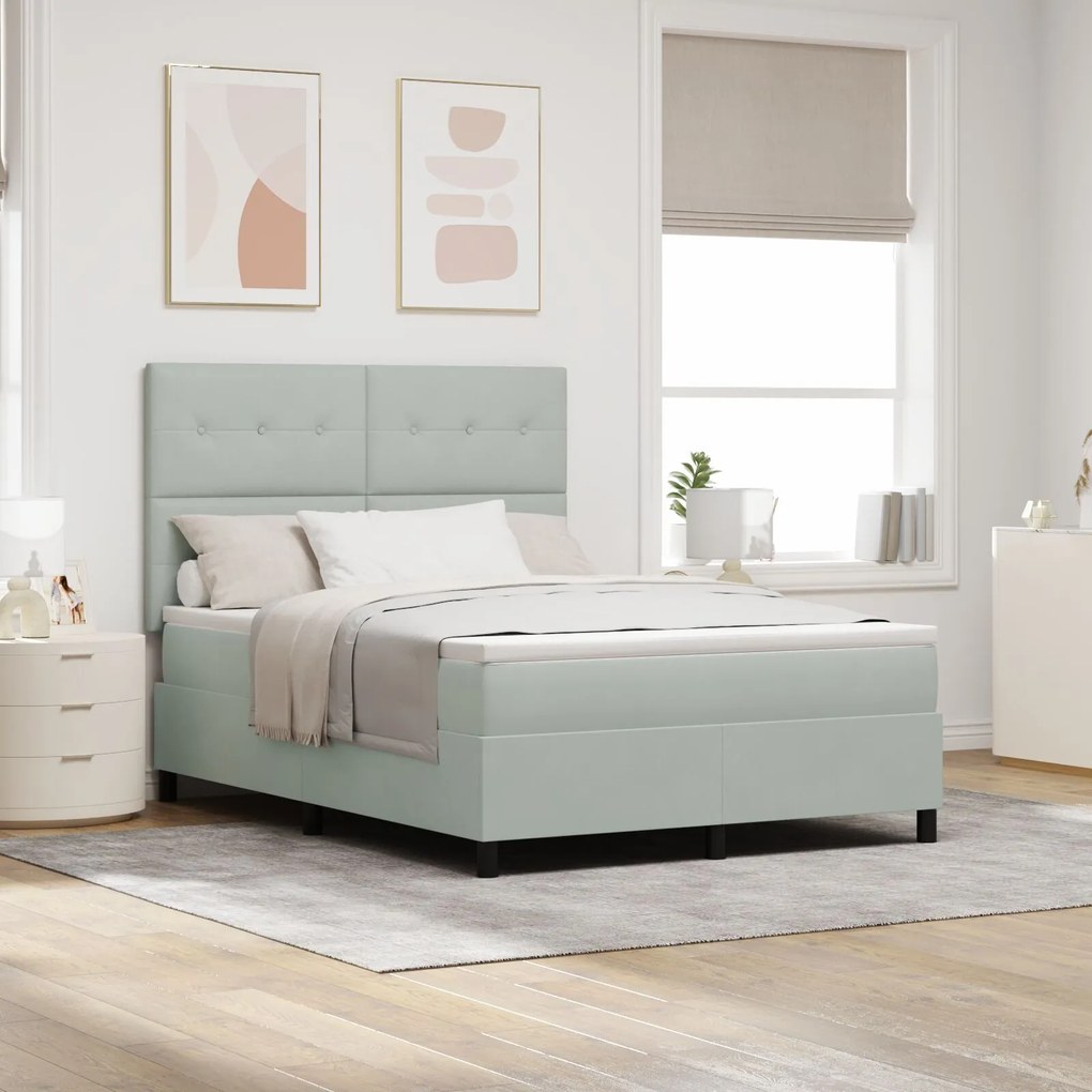 vidaXL Pat box spring cu saltea, gri deschis, 140x200 cm, catifea
