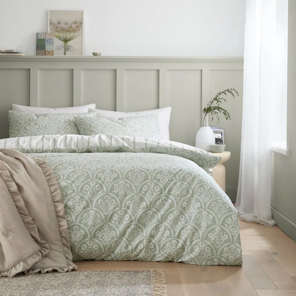 Lenjerie de pat albă-verde din bumbac percal pentru pat de o persoană 135x200 cm Scallop Floral – Bianca