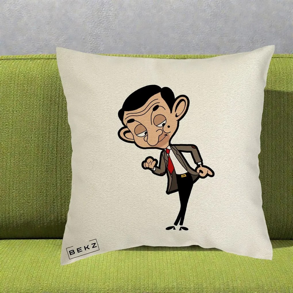 Perna Personalizata Mr. Bean Caricatura, 40x40 cm, Ecru, Husa Detasabila, Perna Inclusa, BEKZ®