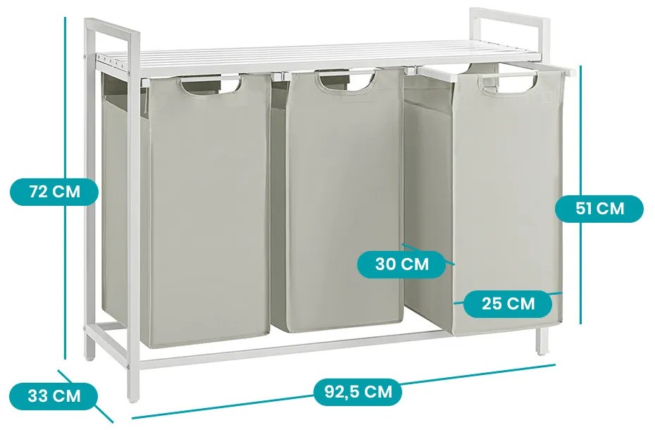 Coș de rufe cu 3 compartimente, alb murdar