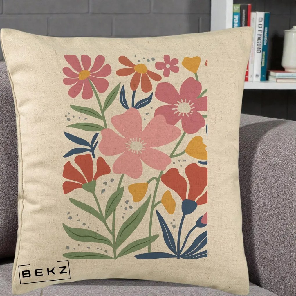 Perna Decorativa Flori Grafice Roz si Terracotta, 40x40 cm, Bej, Husa Detasabila, Perna Inclusa, BEKZ®