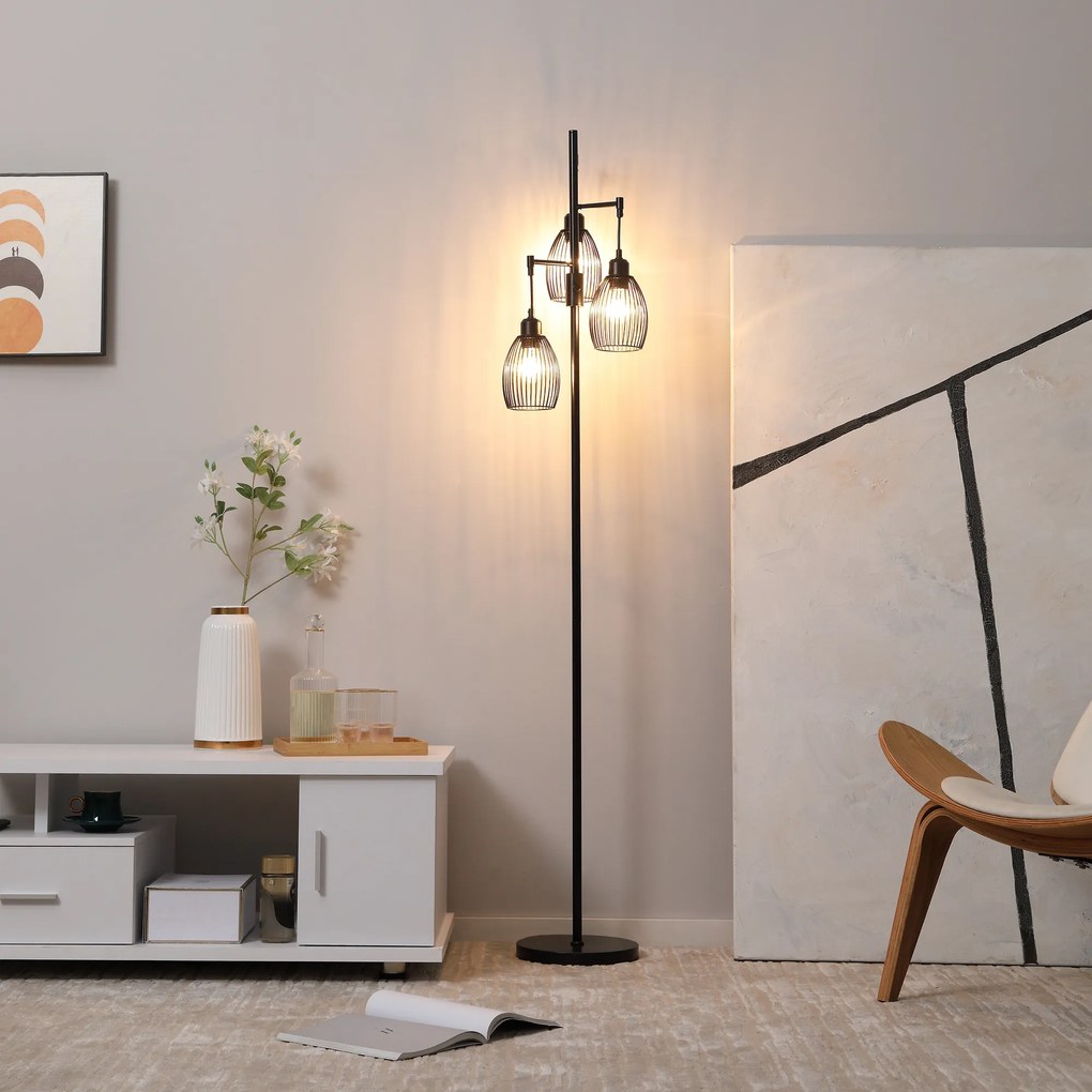 HOMCOM Lampadar stil industrial 40 W max. 3 abajururi din metal cu sârmă cu luminozitate reglabila, suport E27, negru | Aosom Romania
