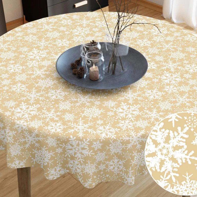 Goldea față de masă din bumbac de crăciun - model 092 - fulgi de zăpadă pe auriu - rotundă Ø 60 cm